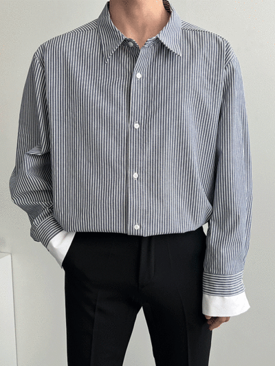 소매 배색 스트라이프 셔츠(2color)